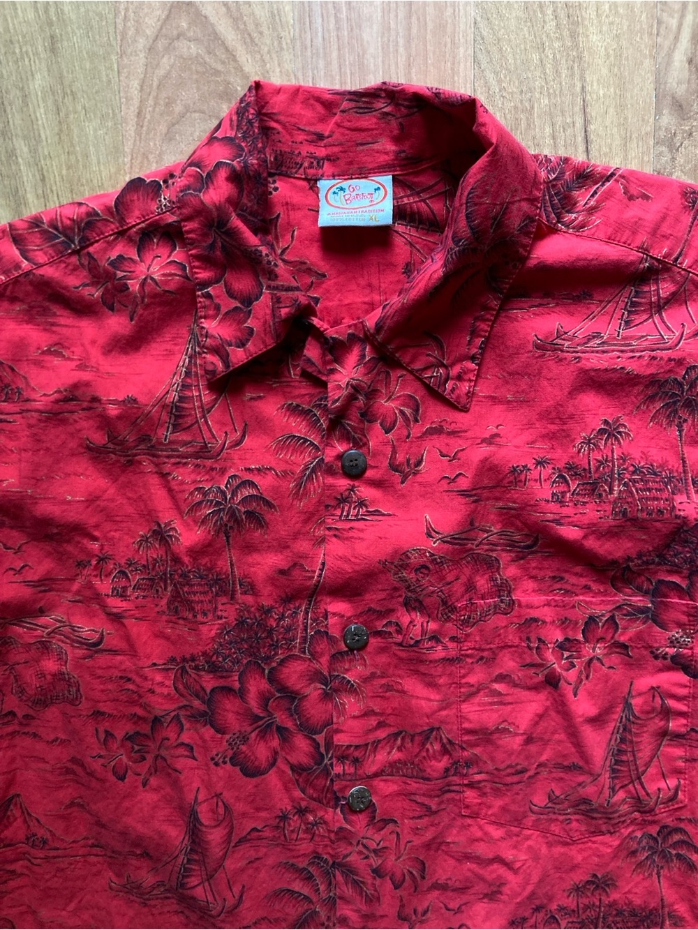 VTG Go Barefoot Red Hawaiian Shirt Mens XL USA Palm Trees Hibiscus Sailboats